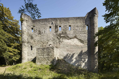 Mauer mit Vorbau hinter einem bewachsenen Hügel zwischen Bäumen